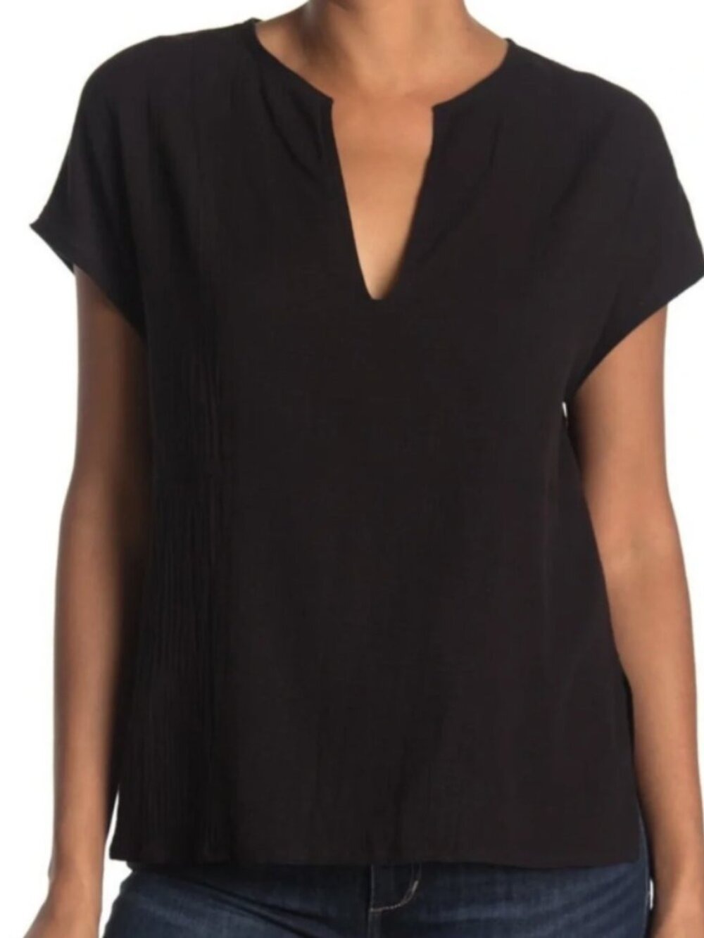 Vince Women's Black 100% Cotton Gauze Split Neck Popover Boxy Cap Sleeve Top - S